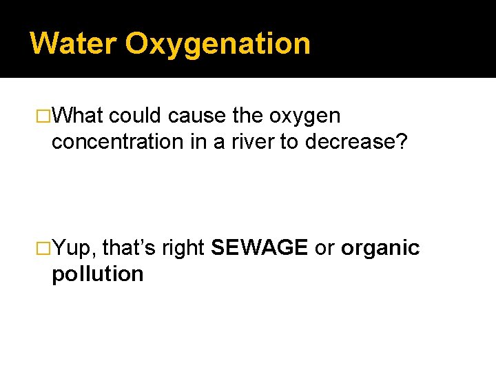 Water Oxygenation �What could cause the oxygen concentration in a river to decrease? �Yup,