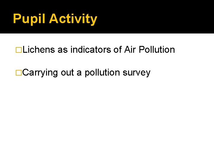 Pupil Activity �Lichens as indicators of Air Pollution �Carrying out a pollution survey 