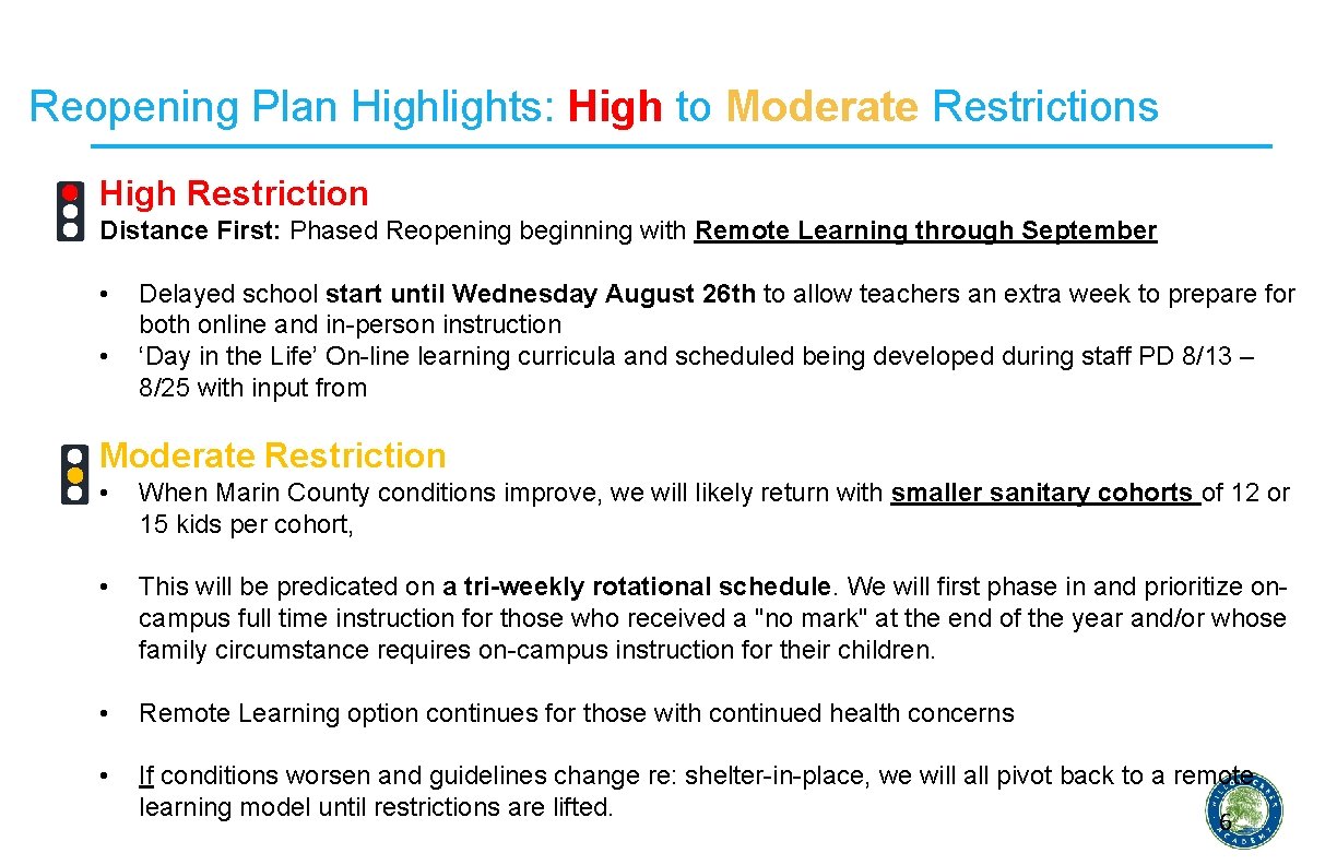 Reopening Plan Highlights: High to Moderate Restrictions High Restriction Distance First: Phased Reopening beginning