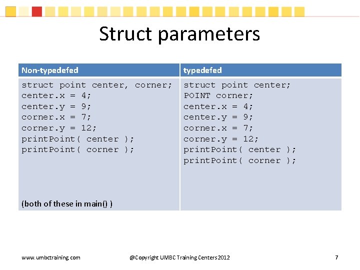Struct parameters Non-typedefed struct point center, corner; center. x = 4; center. y =