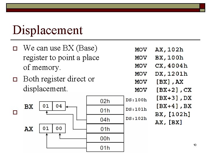 Displacement o o o We can use BX (Base) register to point a place