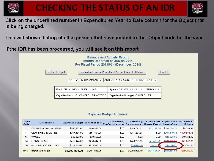 CHECKING THE STATUS OF AN IDR Click on the underlined number in Expenditures Year-to-Date