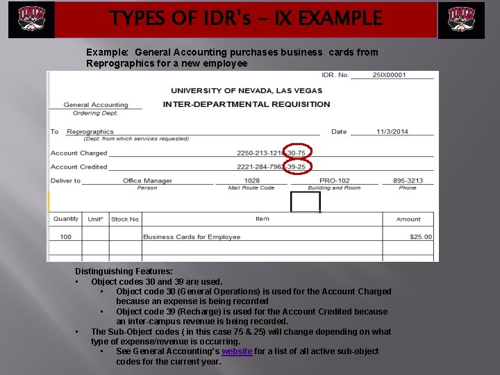 TYPES OF IDR’s – IX EXAMPLE Example: General Accounting purchases business cards from Reprographics