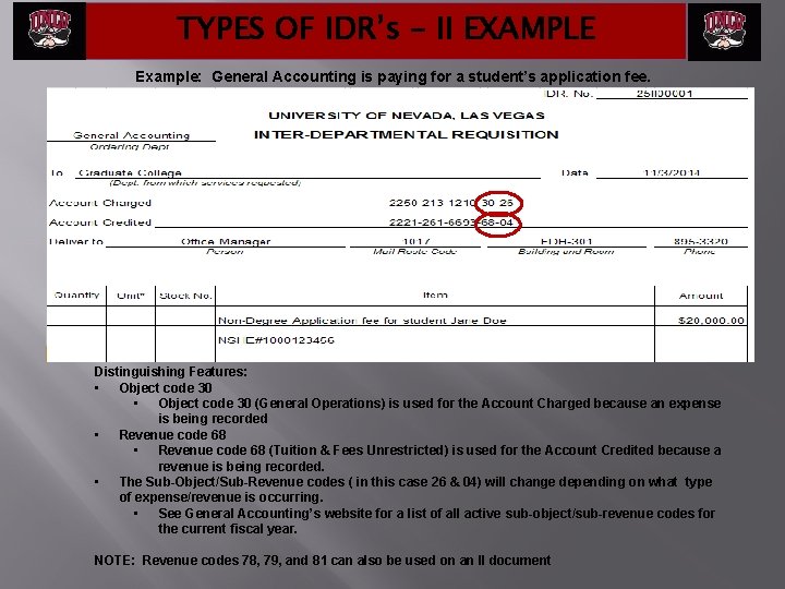 TYPES OF IDR’s – II EXAMPLE Example: General Accounting is paying for a student’s