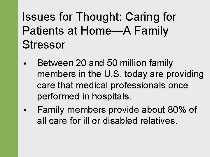 Issues for Thought: Caring for Patients at Home—A Family Stressor § § Between 20