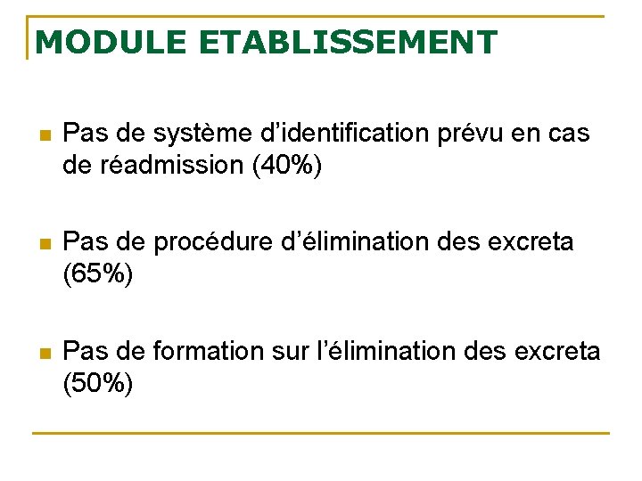 MODULE ETABLISSEMENT n Pas de système d’identification prévu en cas de réadmission (40%) n MODULE ETABLISSEMENT n Pas de système d’identification prévu en cas de réadmission (40%) n