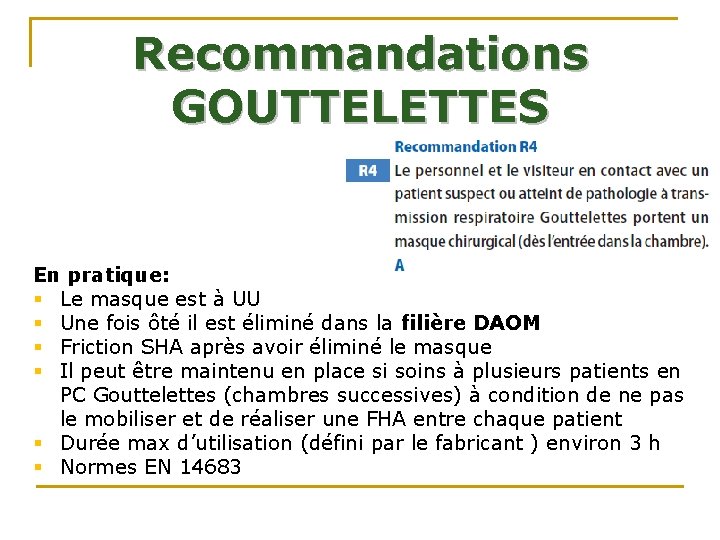 Recommandations GOUTTELETTES En pratique: § Le masque est à UU § Une fois ôté Recommandations GOUTTELETTES En pratique: § Le masque est à UU § Une fois ôté