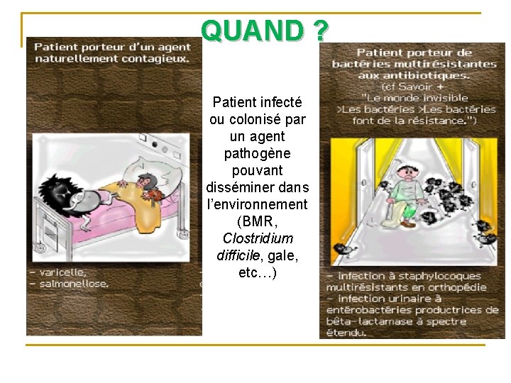 QUAND ? Patient infecté ou colonisé par un agent pathogène pouvant disséminer dans l’environnement QUAND ? Patient infecté ou colonisé par un agent pathogène pouvant disséminer dans l’environnement
