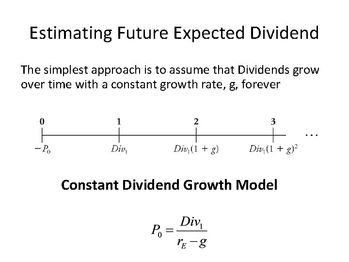 Estimating Future Expected Dividend The simplest approach is to assume that Dividends grow over