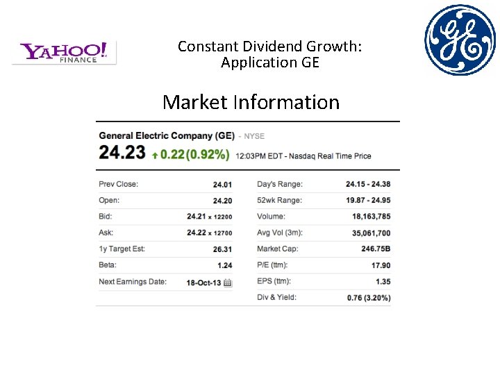 Constant Dividend Growth: Application GE Market Information 