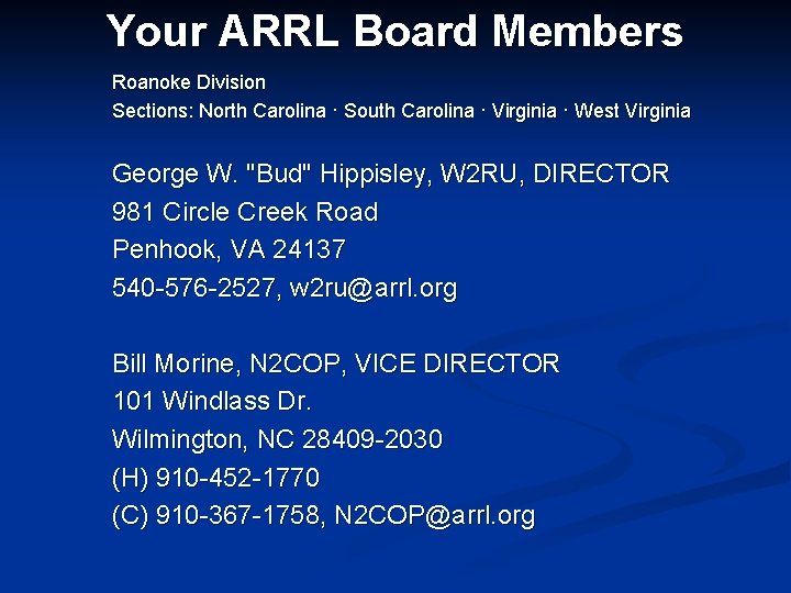 Your ARRL Board Members Roanoke Division Sections: North Carolina · South Carolina · Virginia