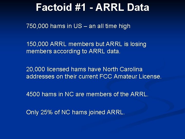 Factoid #1 - ARRL Data 750, 000 hams in US – an all time