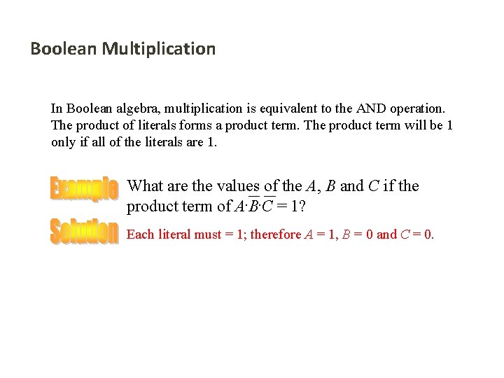 Boolean Multiplication In Boolean algebra, multiplication is equivalent to the AND operation. The product