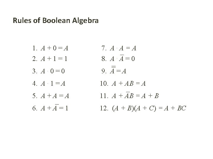 Rules of Boolean Algebra 1. A + 0 = A 2. A + 1