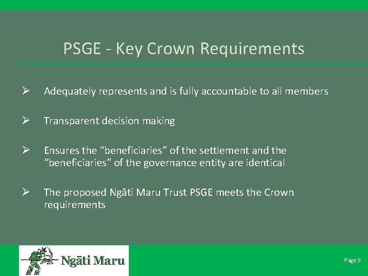 PSGE - Key Crown Requirements Ø Adequately represents and is fully accountable to all