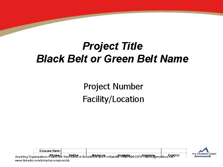 Project Title Black Belt or Green Belt Name Project Number Facility/Location Assisting Organizations Reach