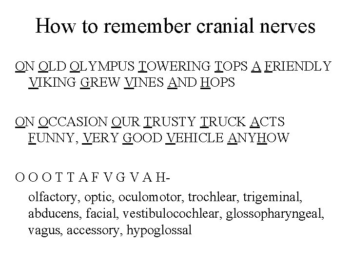 How to remember cranial nerves ON OLD OLYMPUS TOWERING TOPS A FRIENDLY VIKING GREW