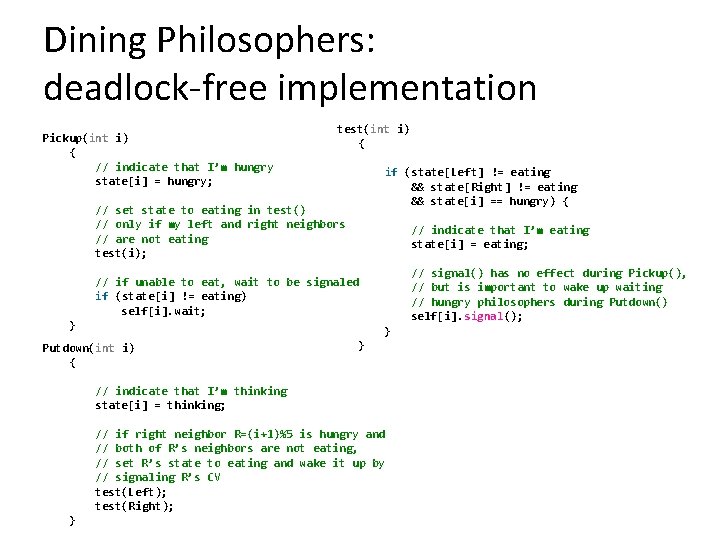 Dining Philosophers: deadlock-free implementation test(int i) Pickup(int i) { { // indicate that I’m