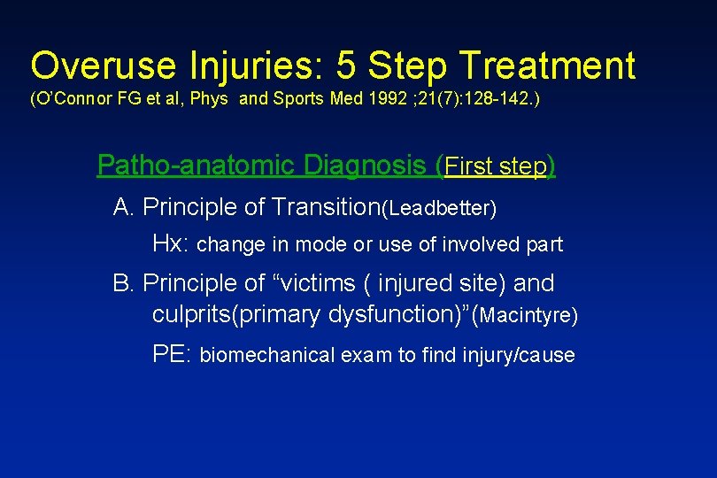 Overuse Injuries: 5 Step Treatment (O’Connor FG et al, Phys and Sports Med 1992