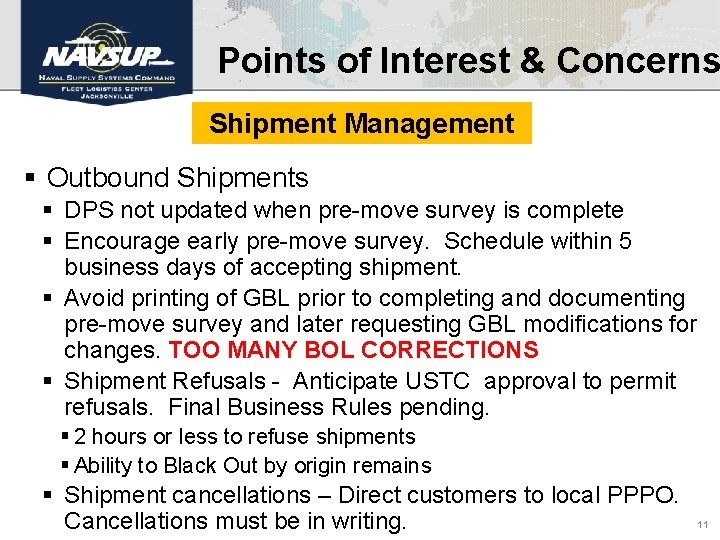 Points of Interest & Concerns Shipment Management § Outbound Shipments § DPS not updated
