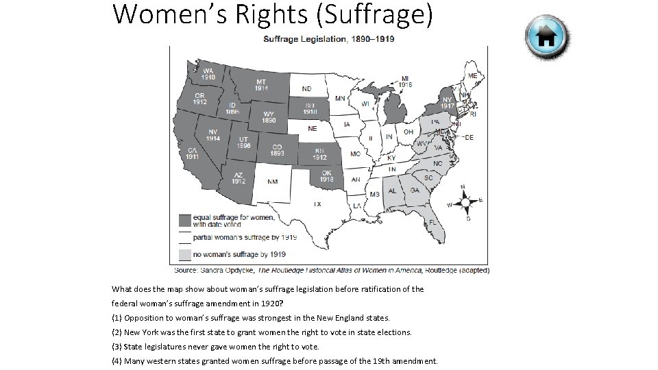 Women’s Rights (Suffrage) What does the map show about woman’s suffrage legislation before ratification