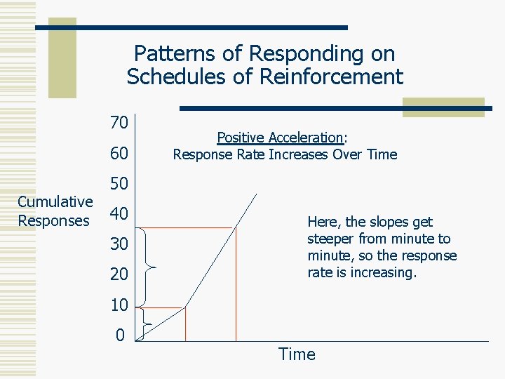 Patterns of Responding on Schedules of Reinforcement 70 60 Cumulative Responses Positive Acceleration: Response