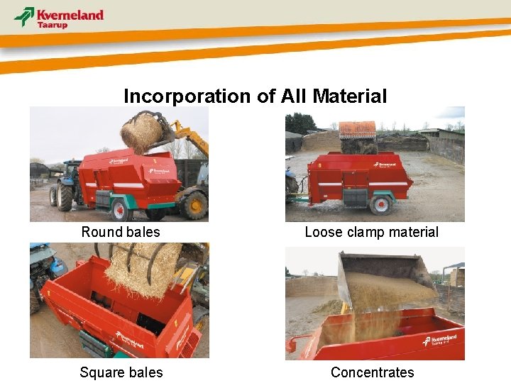 Incorporation of All Material Round bales Loose clamp material Square bales Concentrates 