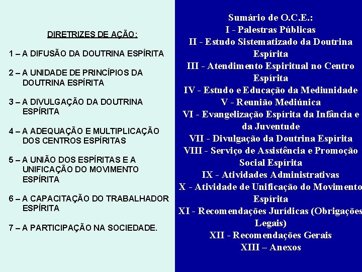 DIRETRIZES DE AÇÃO: 1 – A DIFUSÃO DA DOUTRINA ESPÍRITA 2 – A UNIDADE DIRETRIZES DE AÇÃO: 1 – A DIFUSÃO DA DOUTRINA ESPÍRITA 2 – A UNIDADE