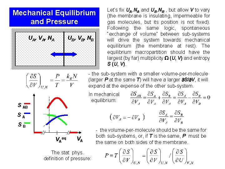 Mechanical Equilibrium and Pressure UA , V A , N A UB , V