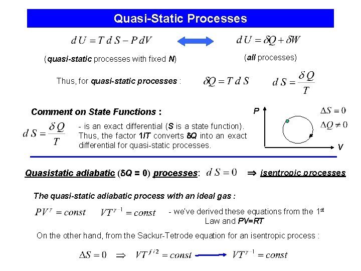 Quasi-Static Processes (quasi-static processes with fixed N) (all processes) Thus, for quasi-static processes :