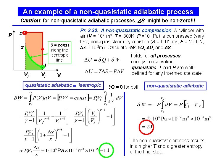 An example of a non-quasistatic adiabatic process Caution: for non-quasistatic adiabatic processes, S might