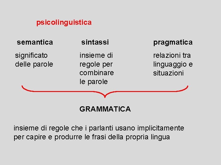 psicolinguistica semantica sintassi pragmatica significato delle parole insieme di regole per combinare le parole