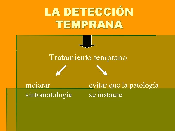 LA DETECCIÓN TEMPRANA Tratamiento temprano mejorar sintomatología evitar que la patología se instaure LA DETECCIÓN TEMPRANA Tratamiento temprano mejorar sintomatología evitar que la patología se instaure