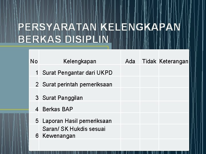 PERSYARATAN KELENGKAPAN BERKAS DISIPLIN No Kelengkapan Ada Tidak Keterangan 1 Surat Pengantar dari UKPD