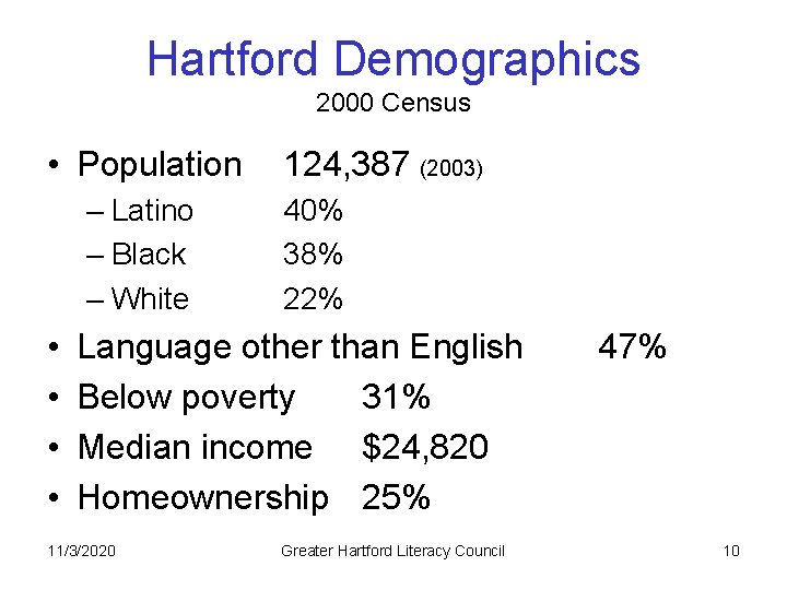 Hartford Demographics 2000 Census • Population – Latino – Black – White • •