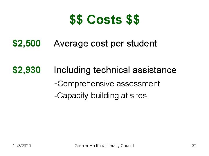 $$ Costs $$ $2, 500 Average cost per student $2, 930 Including technical assistance
