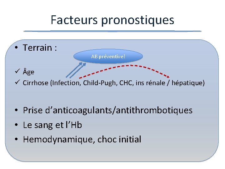 Facteurs pronostiques • Terrain : AB préventive! ge Cirrhose (Infection, Child-Pugh, CHC, ins rénale