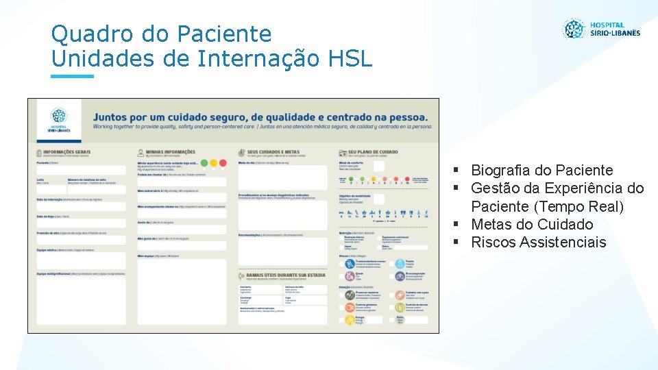 Quadro do Paciente Unidades de Internação HSL Biografia do Paciente Gestão da Experiência do