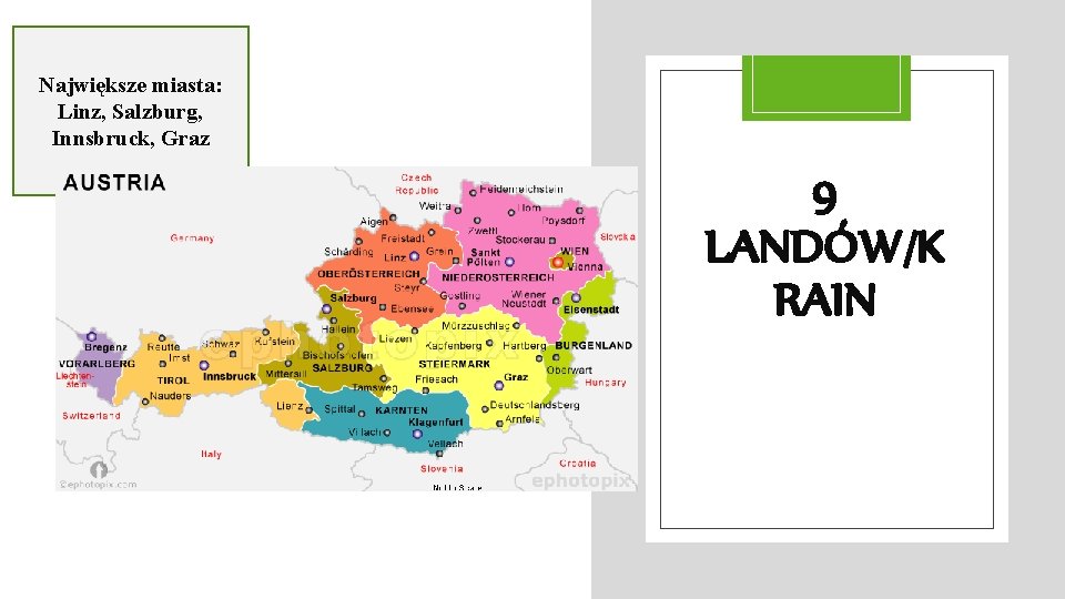 Największe miasta: Linz, Salzburg, Innsbruck, Graz 9 LANDÓW/K RAIN 