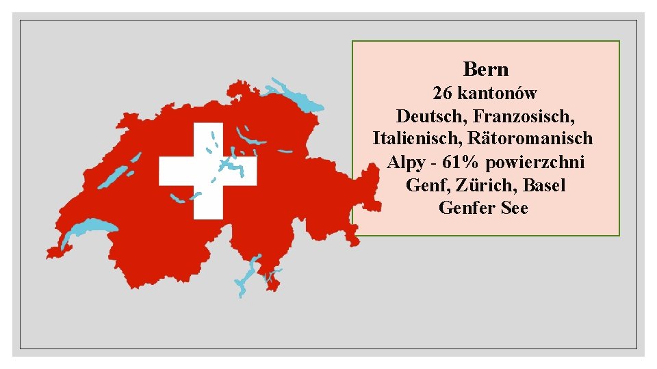 Bern 26 kantonów Deutsch, Franzosisch, Italienisch, Rätoromanisch Alpy - 61% powierzchni Genf, Zürich, Basel