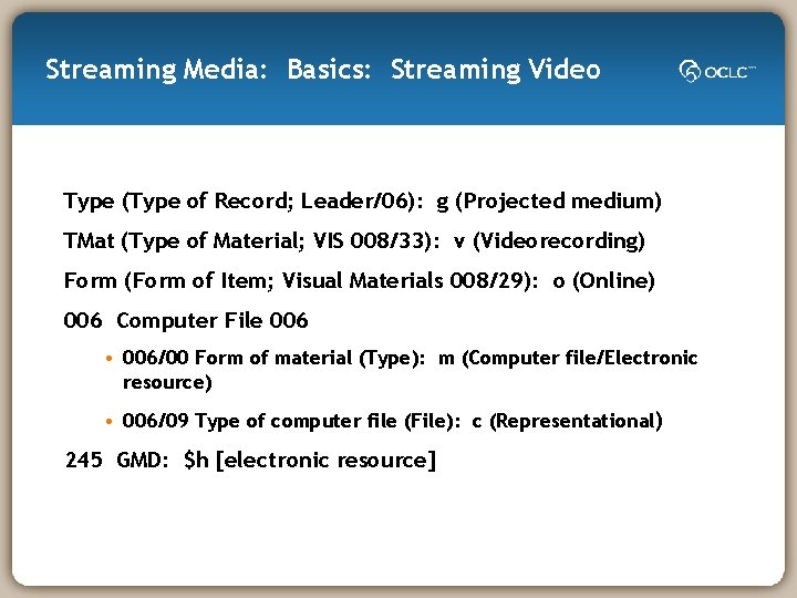 Streaming Media: Basics: Streaming Video Type (Type of Record; Leader/06): g (Projected medium) TMat