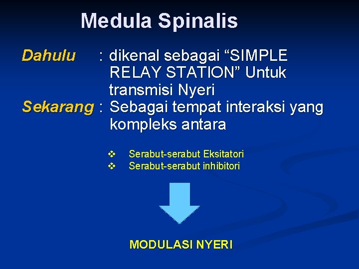 Medula Spinalis Dahulu : dikenal sebagai “SIMPLE RELAY STATION” Untuk transmisi Nyeri Sekarang :