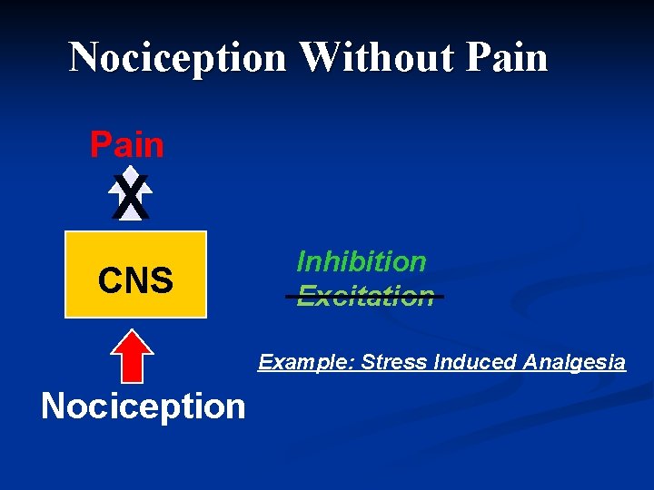 Nociception Without Pain X CNS Inhibition Excitation Example: Stress Induced Analgesia Nociception 