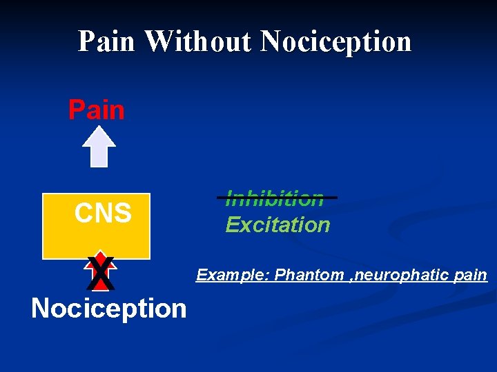 Pain Without Nociception Pain CNS X Nociception Inhibition Excitation Example: Phantom , neurophatic pain