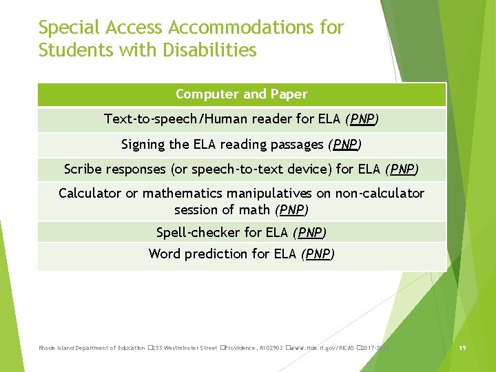 Special Access Accommodations for Students with Disabilities Computer and Paper Text-to-speech/Human reader for ELA