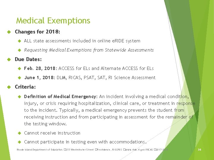 Medical Exemptions Changes for 2018: ALL state assessments included in online e. RIDE system