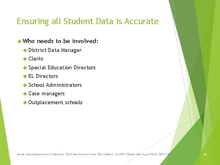 Ensuring all Student Data is Accurate Who needs to be involved: District Data Manager