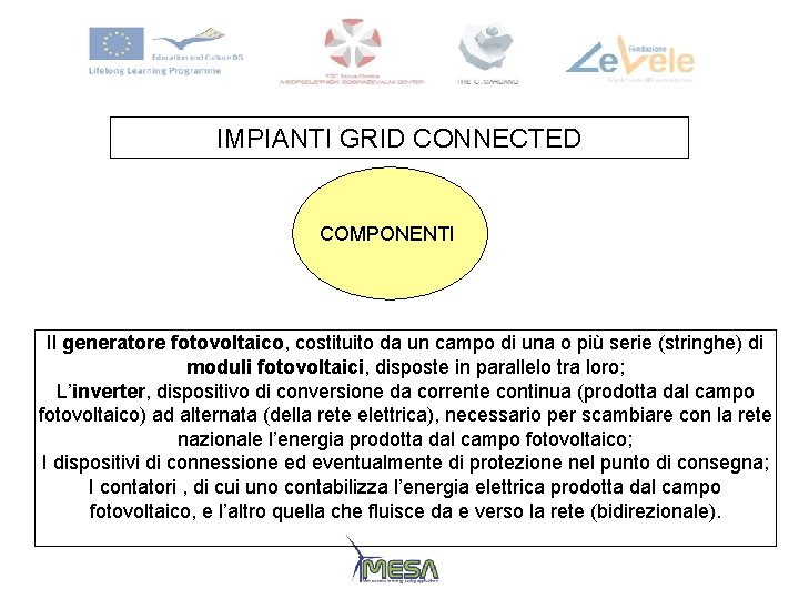 IMPIANTI GRID CONNECTED COMPONENTI Il generatore fotovoltaico, costituito da un campo di una o