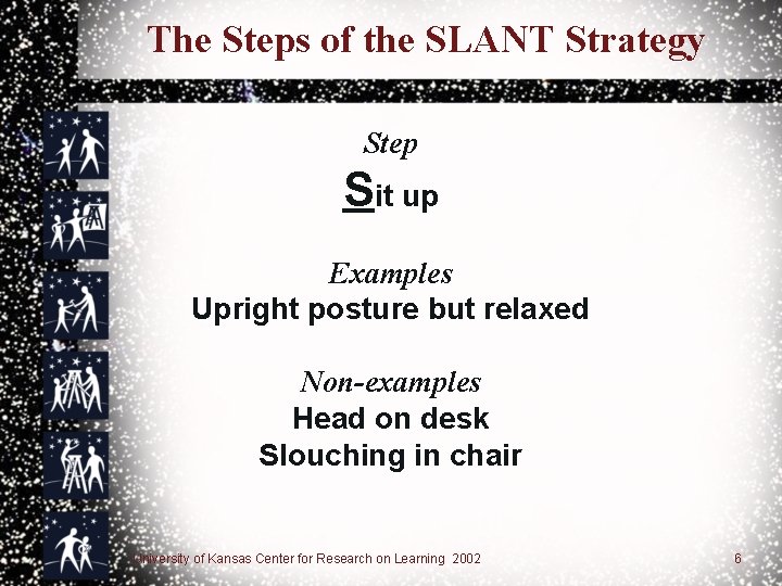 The Steps of the SLANT Strategy Step Sit up Examples Upright posture but relaxed