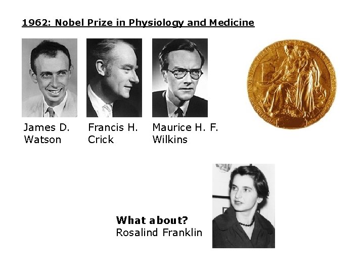 1962: Nobel Prize in Physiology and Medicine James D. Watson Francis H. Crick Maurice
